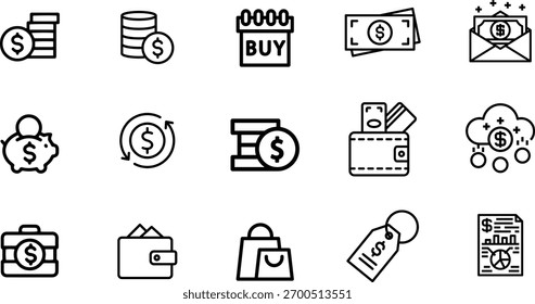 Iconos de la línea de servicios bancarios y financieros digitales | Dinero, billetera, tarjeta de crédito y símbolos de pago en línea | Ilustración vectorial de contorno delgado moderno para soluciones de tecnología financiera y de negocios