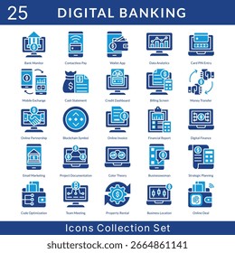 Colección de conjunto de iconos de banca digital en estilo de glifo sólido. un paquete de iconos contiene pantalla de facturación, transferencia de dinero, asociación en línea, símbolo de blockchain, Factura en línea, informe financiero