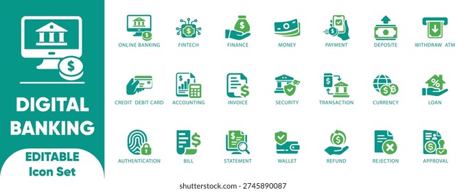 Digital banking icon set. fintech, security, app UI, loan, balance, and editable icons.
 