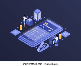 Digital Banking Isometric Dark Gradient Illustration. Suitable for Mobile App, Website, Banner, Diagrams, Infographics, and Other Graphic Assets.