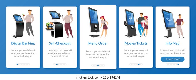 Digital banking onboarding mobile app screen flat vector template. Self order kiosk walkthrough website steps with characters. Online paying system UX, UI, GUI smartphone cartoon interface