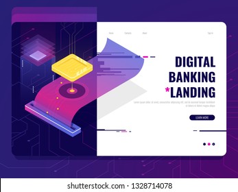 Digital banking, online bank isometric icon, landing page of money transaction, payment transfer receipt, cryptocurrency concept, money crypto security ultraviolet vector