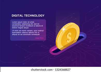 Digital banking online, isometric icon of falling coin, electronic internet purse, financial management online service accumulation and investment of funds, ultraviolet vector