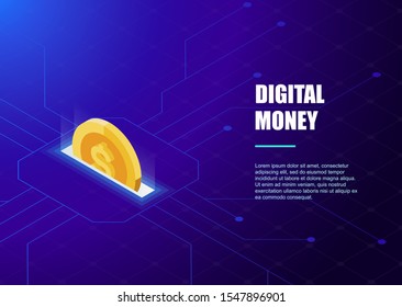 Digital banking online, isometric icon of falling coin, electronic internet purse, financial management online service accumulation and investment of funds. Modern vector illustration isometric style.