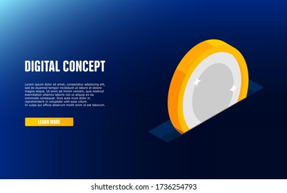 Digital banking online, isometric icon of falling coin, electronic internet purse, financial management online service accumulation and investment of funds. EPS10