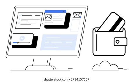 Banca digital, pago en línea, comercio electrónico, transacciones financieras, billetera digital, interfaces de App. Una pantalla de computadora con servicios en línea y una billetera con tarjetas de crédito. Billetera digital y online