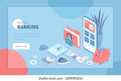Digital Banking Online Services. Mobile banking and accounting platform. Online financial operations, payment, shopping. Isometric vector illustration for banner, website.