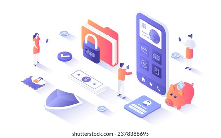 Digital Banking Online Services. Mobile banking and accounting platform. Online financial operations, payment, shopping. Isometry illustration with people scene for web graphic.	
