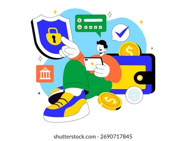 Digital Banking Security Vetor Illustration Apresentando sistema de pagamento seguro para transações on-line, investimentos e ativos financeiros com segurança