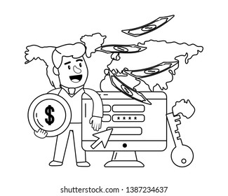 Digital banking services online tools computer screen black and white