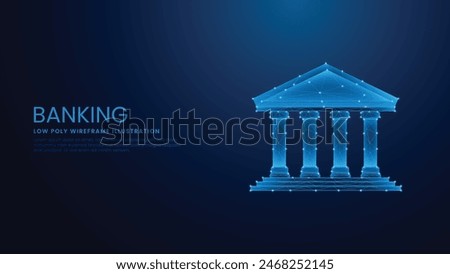 Digital Banking Technology Concept with Bank Building. Low Poly Wireframe Vector Illustration on Technological Blue Background. 