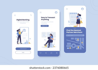 Digital banking transaction illustration on mobile onboard screen template