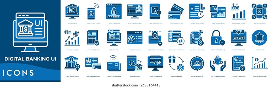 Digital Banking UI line icon set. Digital Banking, Mobile Payment Symbol, Secure Login Screen, Account Balance Display, Fund Transfer Button, Credit Card Interface and Transaction History List