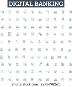 Juego de iconos de línea vectorial de banca digital. Digital, Banca, Online, Pagos, Móvil, Transferencia, Almacenes ilustran símbolos y signos de concepto de esquema de esquema