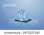 Digital banking. Virtual bank building on microchip circuit. Financial innovation technology, online payment with security service. 3D vector.