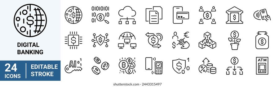 Iconos web de banca digital en estilo de línea. Fintech, insurtech, criptomoneda, blockchain, neobank, tecnología en la nube. Ilustración vectorial.