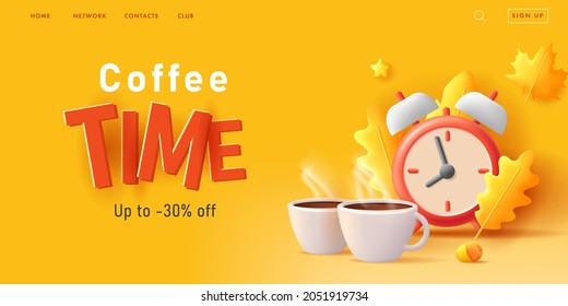 Digital banner with 3d illustration of autumn leaves with clock and coffee cups, fall warm compositio with typography