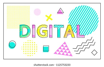 Digital banner with geometrical figures and wavy lines. Linear shapes or outline forms, colorful sign on poster cartoon flat vector illustration.
