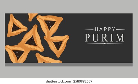 A digital banner for Purim featuring golden Hamantaschen cookies on a dark elegant background symbolizing the Jewish holiday and its traditional treats