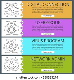 Digital banner templates set. Cyber technology. Connection, users, network admin, virus program. Website menu items with linear icons. Color web banner. Vector headers design concepts