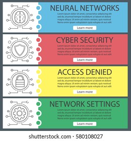 Digital banner templates set. Cyber security. Neural networks, protection, shield, lock, settings. Website menu items with linear icons. Color web banner. Vector headers design concepts