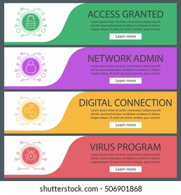 Digital banner templates set. Easy to edit. Cyber technology. Lock, network admin, digital connection, virus bug. Website menu items. Color web banner. Vector headers design concepts