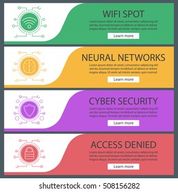 Digital banner templates set. Easy to edit. Cyber technology. Wifi connection, human brain, security shield, lock. Website menu items. Color web banner. Vector headers design concepts