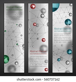 Digital banners with silver, red and blue metallic particles and molecular structure. Abstract molecules design. Medical scientific backgrounds for vertical banner or flyer. Vector illustration.