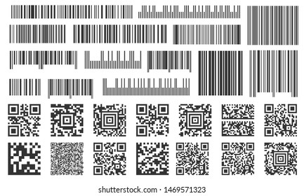 Digital barcode. Supermarket bar labels, shop inventory code and technology codes bars. Barcodes scan, sale coding number or retail shop barcoding sticker. Isolated signs vector set