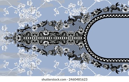 Ilustración de diseño de borde barroco digital para impresión textil para pintura digital. Diseño Para Cubierta, Tela, Textil, Papel de Envoltura, Fondos de pantalla de Antiguas Abstractas y Tarjeta de regalo