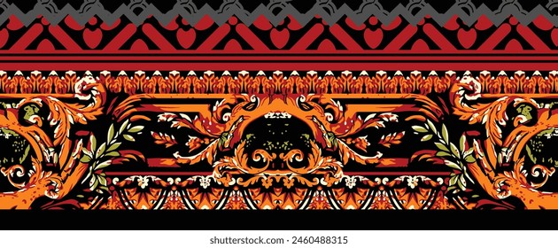 Ilustración de diseño de borde barroco digital para impresión textil para pintura digital. Diseño Para Cubierta, Tela, Textil, Papel de Envoltura, Fondos de pantalla de Antiguas Abstractas y Tarjeta de regalo