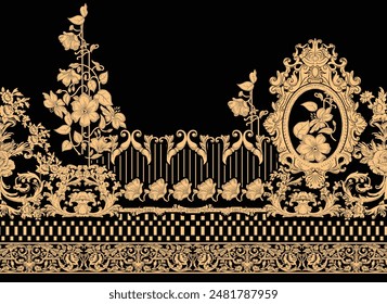 Ilustración de diseño de borde barroco digital para impresión textil para pintura digital. Diseño Para Cubierta, Tela, Textil, Papel de Envoltura, Fondos de pantalla de Antiguas Abstractas y Tarjeta de regalo
