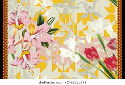 Digital Baroque Border Motif Design Illustration Artwork for Textile Print for Digital Painting. Design For Cover, Fabric, Textile, Wrapping Paper Abstract Vintage Wallpapers and Gift Card
