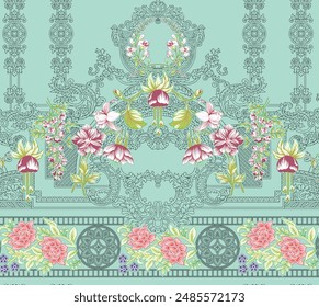 Digital Baroque Border Motif Design Illustration Artwork for Textile Print for Digital Painting. Design For Cover, Fabric, Textile, Wrapping Paper Abstract Vintage Wallpapers and Gift Card