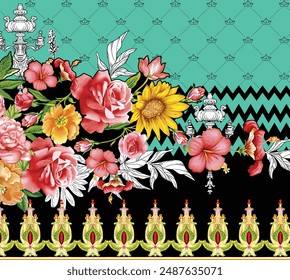 Digital Baroque Border Motif Design Illustration Artwork for Textile Print for Digital Painting. Design For Cover, Fabric, Textile, Wrapping Paper Abstract Vintage Wallpapers and Gift Card