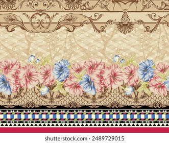 Digital Baroque Border Motif Design Illustration Artwork for Textile Print for Digital Painting. Design For Cover, Fabric, Textile, Wrapping Paper Abstract Vintage Wallpapers and Gift Card