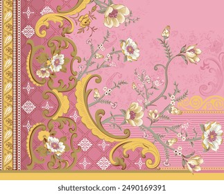 Digital Baroque Border Motif Design Illustration Artwork for Textile Print for Digital Painting. Design For Cover, Fabric, Textile, Wrapping Paper Abstract Vintage Wallpapers and Gift Card