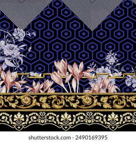 Ilustración de diseño de borde barroco digital para impresión textil para pintura digital. Diseño Para Cubierta, Tela, Textil, Papel de Envoltura, Fondos de pantalla de Antiguas Abstractas y Tarjeta de regalo