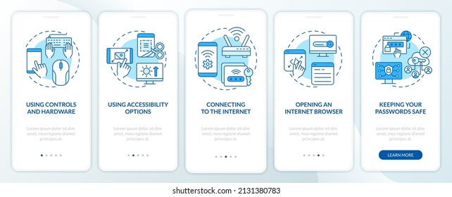 Digital basic features blue onboard pantalla de aplicación móvil azul. Recorrido 5 pasos de páginas de instrucciones gráficas con conceptos lineales. UI, UX, plantilla GUI. Multitud de tipos de letra Pro-Bold, con uso regular