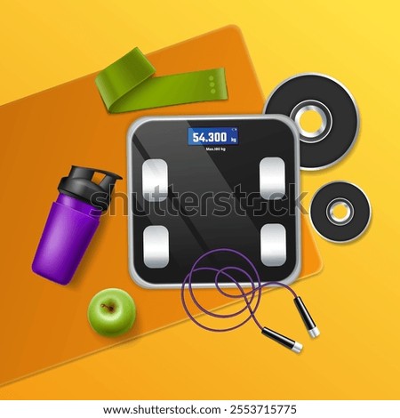A digital bathroom scale displaying 54.3 kg on a yellow background, surrounded by fitness equipment including a purple shaker bottle, green resistance band, dumbbell weights, an apple, and earphones.