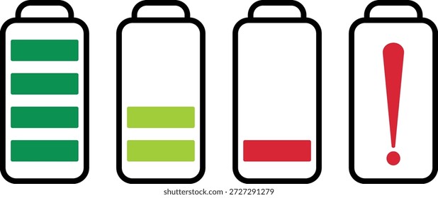 Digital Battery Charge Level Indicators Displaying Full Medium Low and Critical Power Status Icons