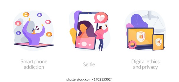 Digital behaviour abstract concept vector illustration set. Smartphone addiction, selfie, digital ethics and privacy, secure online data protection, social network activity, anxiety abstract metaphor.