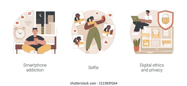 Digital behaviour abstract concept vector illustration set. Smartphone addiction, selfie, digital ethics and privacy, secure online data protection, social network activity, anxiety abstract metaphor.