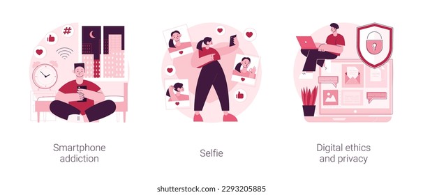 Digital behaviour abstract concept vector illustration set. Smartphone addiction, selfie, digital ethics and privacy, secure online data protection, social network activity, anxiety abstract metaphor.
