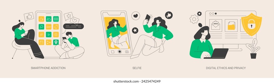 Digital behaviour abstract concept vector illustration set. Smartphone addiction, selfie, digital ethics and privacy, secure online data protection, social network activity, anxiety abstract metaphor.