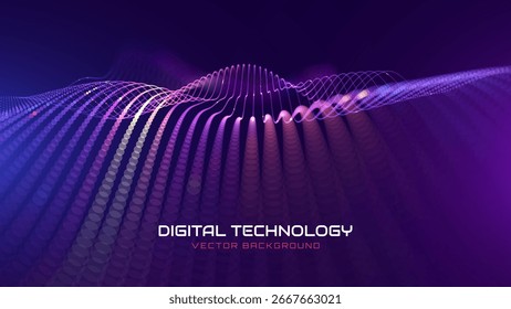Digital Big Data Flow Particles Bokeh. AI Artificial Intelligence Technology and Machine Deep Learning Concept. Smooth Sound Wave Audio Visualization. Tech Art Science Presentation Vector.