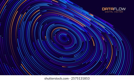 Digital Big Data Flow Vector Background. Big Data Technology Lines. Abstract Science Technology Illustration. Big Data Neural Network Background Concept. AI Visualization Concept. Vector.