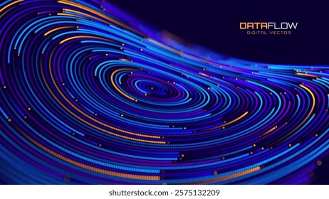 Digital Big Data Flow Vector Background. Big Data Technology Lines. Abstract Science Technology Illustration. Big Data Neural Network Background Concept. AI Visualization Concept. Vector.