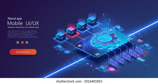 Digital Big data technology. Synchronizing personal information. Database neon storage, data encryption and protection. Information storage and analysis system. Vector stock illustration