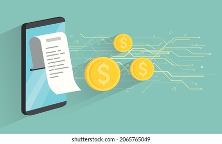 Digital Bill Concept Vector Design Elements or Banner Template. Smartphone with check tape and coins illustration Paper receipt check, Dollar coins Mobile internet banking concept Circuit Abstract